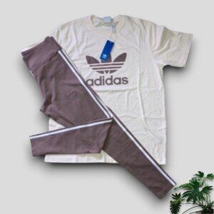 NWT 2 pc adidas originals tshirt and leggings matching set in cream and brown  L